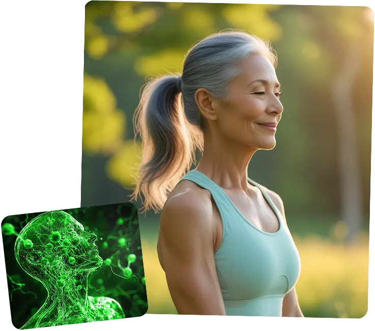 Fit older woman with gray hair in a ponytail, wearing a light blue sports top, standing outdoors with eyes closed and a serene expression during golden hour.