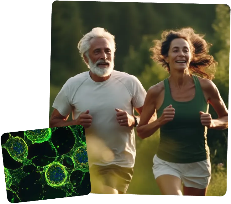 Smiling older man and woman jogging outdoors on a sunny day with green foliage in the background.