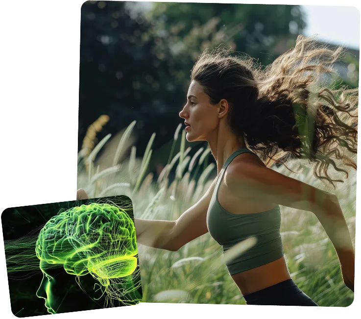Side profile of a woman running outdoors through tall grass with hair flowing, overlaid with a green digital brain illustration.