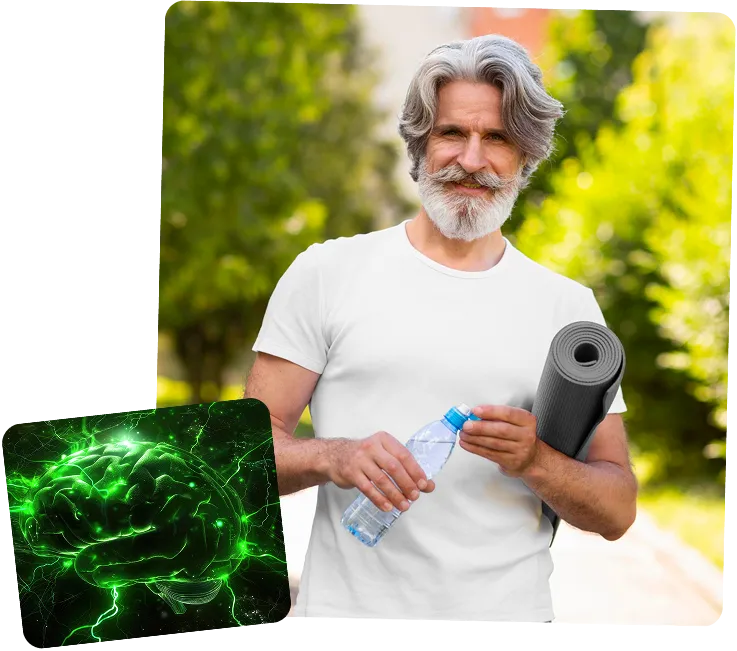 Smiling older man with gray hair and beard holding a water bottle and a rolled yoga mat outdoors, with an inset glowing green 3D brain illustration.