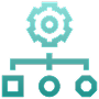 Icon of a gear above a horizontal line connecting to three squares, representing system settings or network configuration.