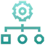 Icon of a gear above a horizontal line connecting to three squares, representing system settings or network configuration.