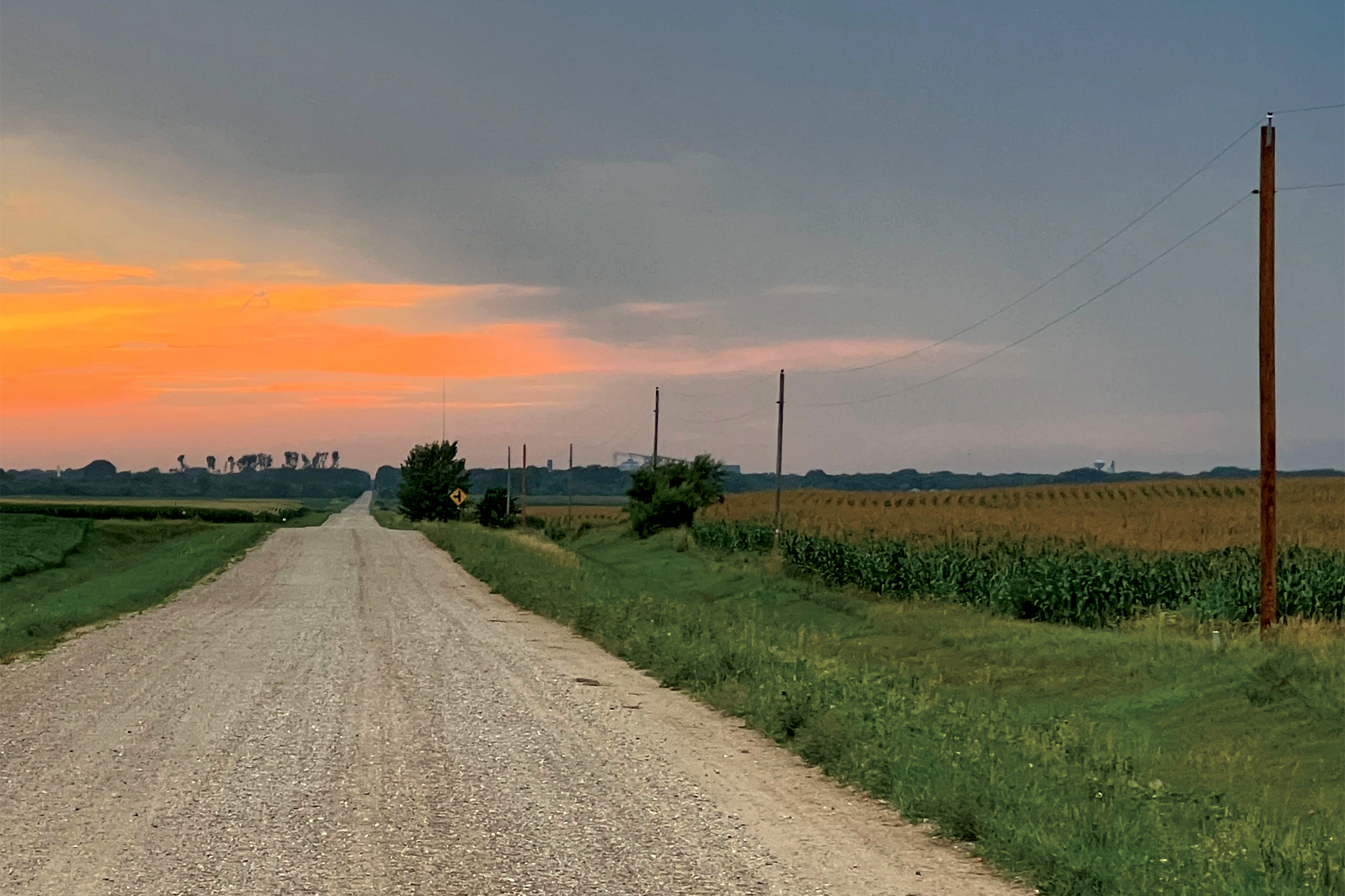 Low voltage power lines along a dirt road at sunset