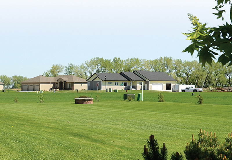 A rural neighborhood with green grass and trees