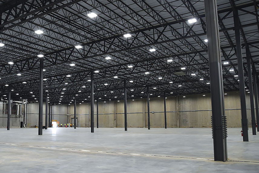 A large warehouse with bright lighting