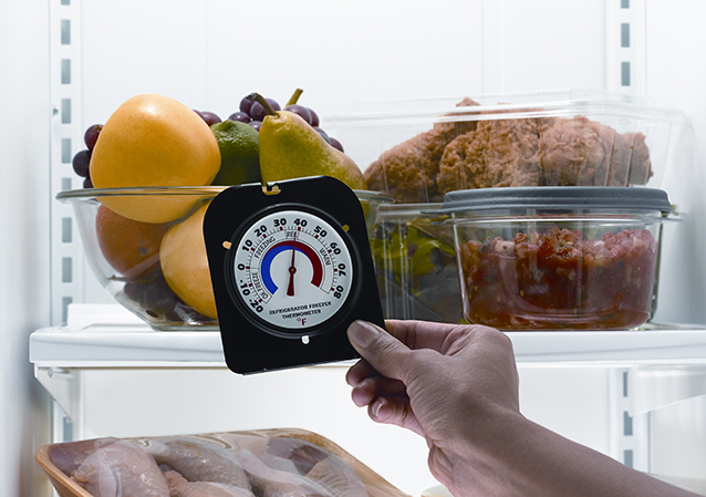 Food in a refrigerator and a thermometer checking the temperature