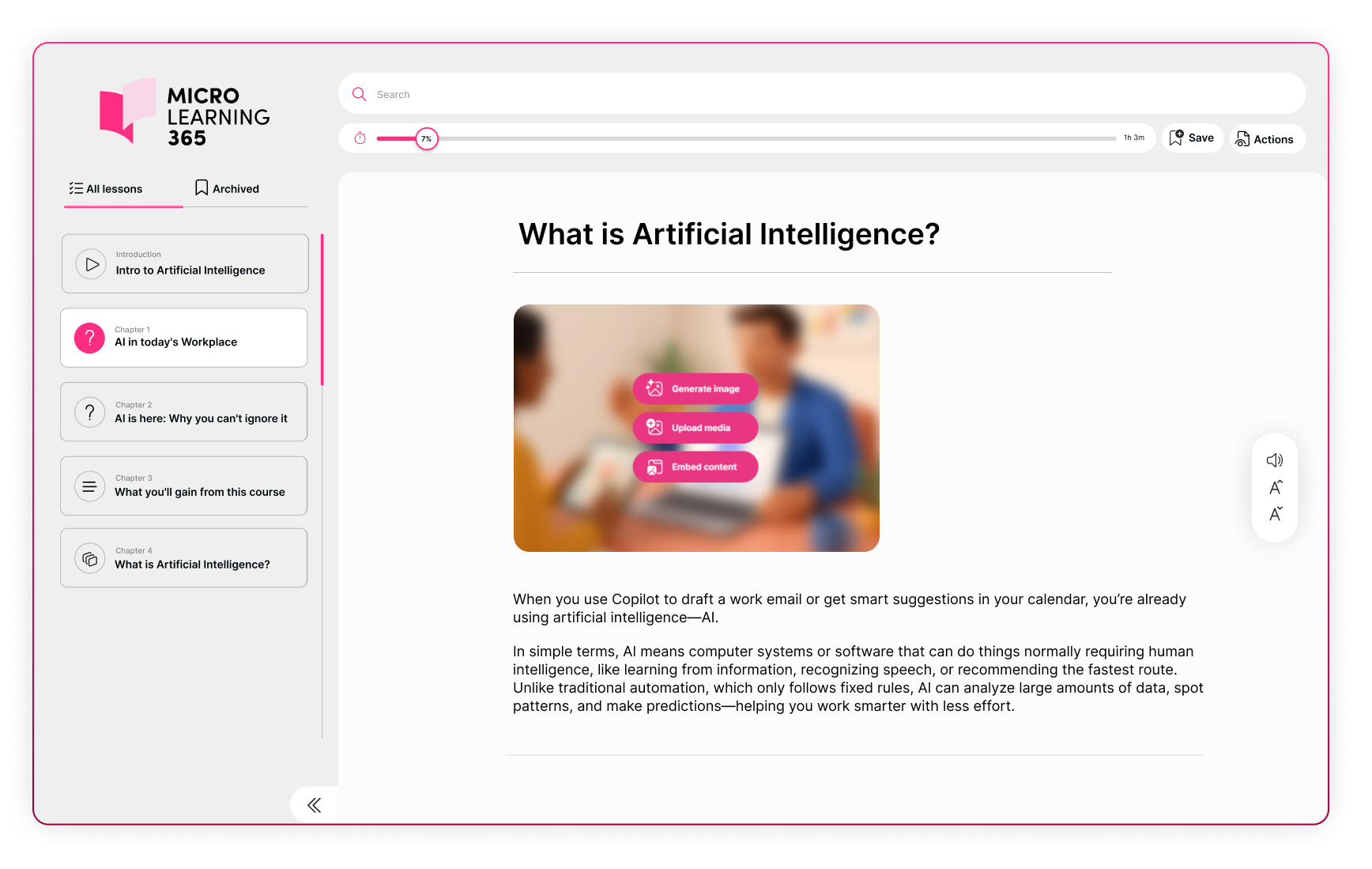 Online learning screen titled 'What is Artificial Intelligence?' with lesson menu on the left and blurred image center.