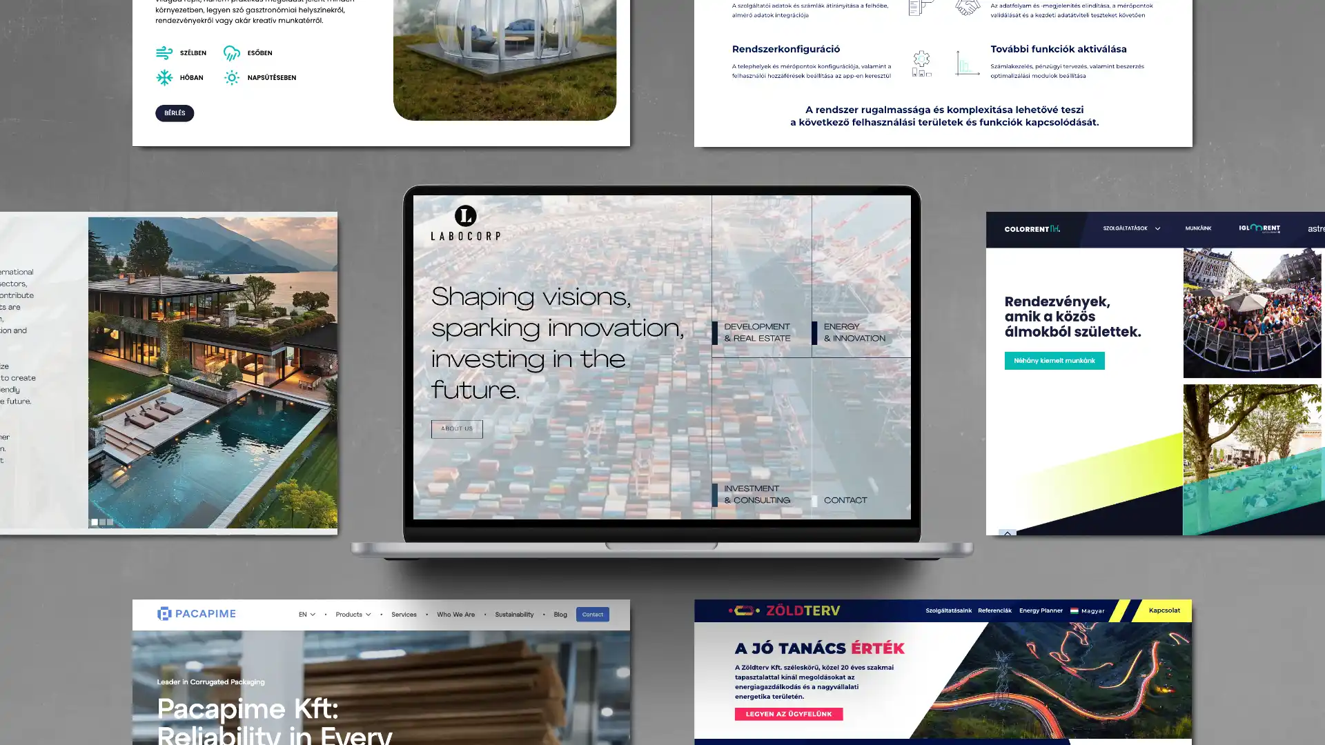 Weboldaltervek mockupon: Labocorp, Pacapime, ColorRent és Zöldterv