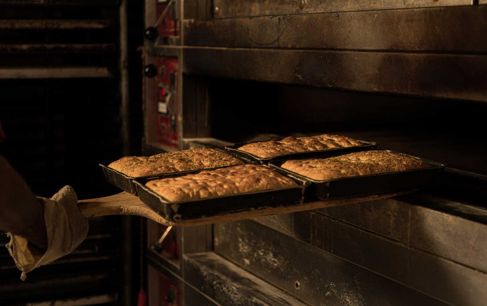 Focaccie, welches aus dem Ofen geholt wird