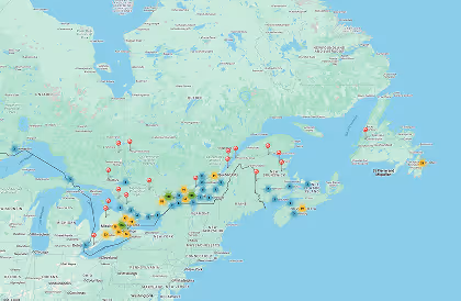 Map of Canada with location markers showing defence and security industry activity.