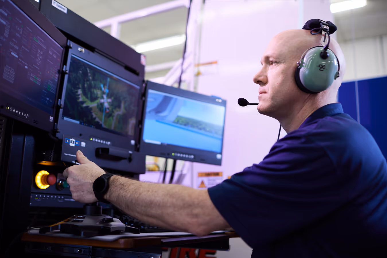 Defence industry technician operating advanced equipment in a control station, wearing hearing protection.