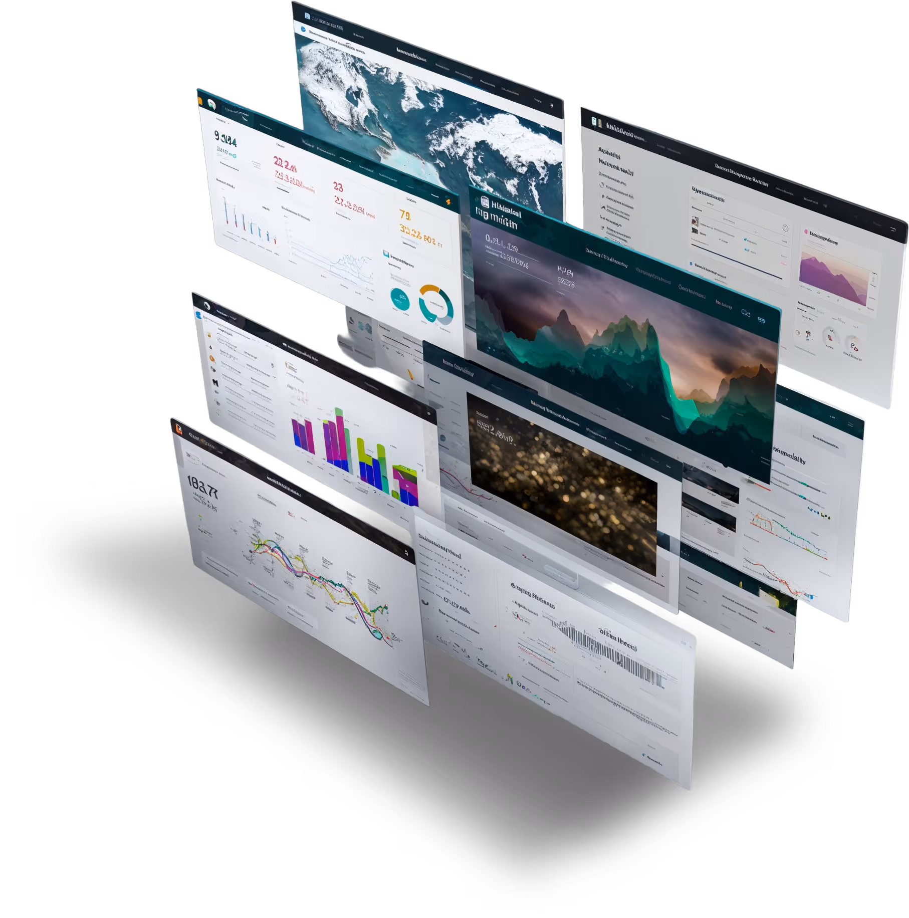 : Staggered stack of digital dashboard screens showing charts, graphs, and world data visualizations representing international market intelligence.