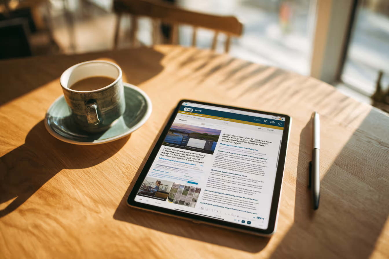 Cup of coffee next to a digital tablet displaying a news article on a wooden table.