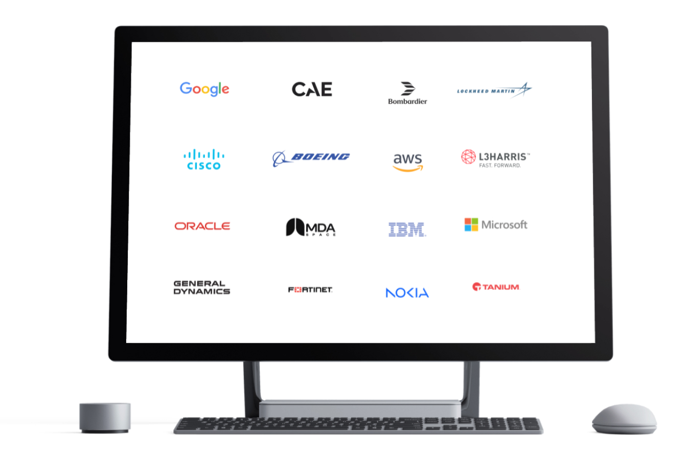 Moniteur d'ordinateur affichant les logos des grandes entreprises de défense et de technologie, représentant les organisations membres du CADSI.