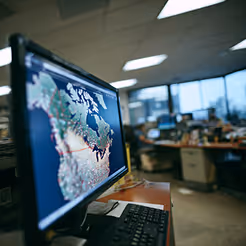 Professionals monitoring global data on multiple screens in an operations center.