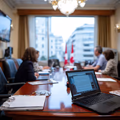 Professionals seated around a conference table with laptops discussing digital defence strategy.
