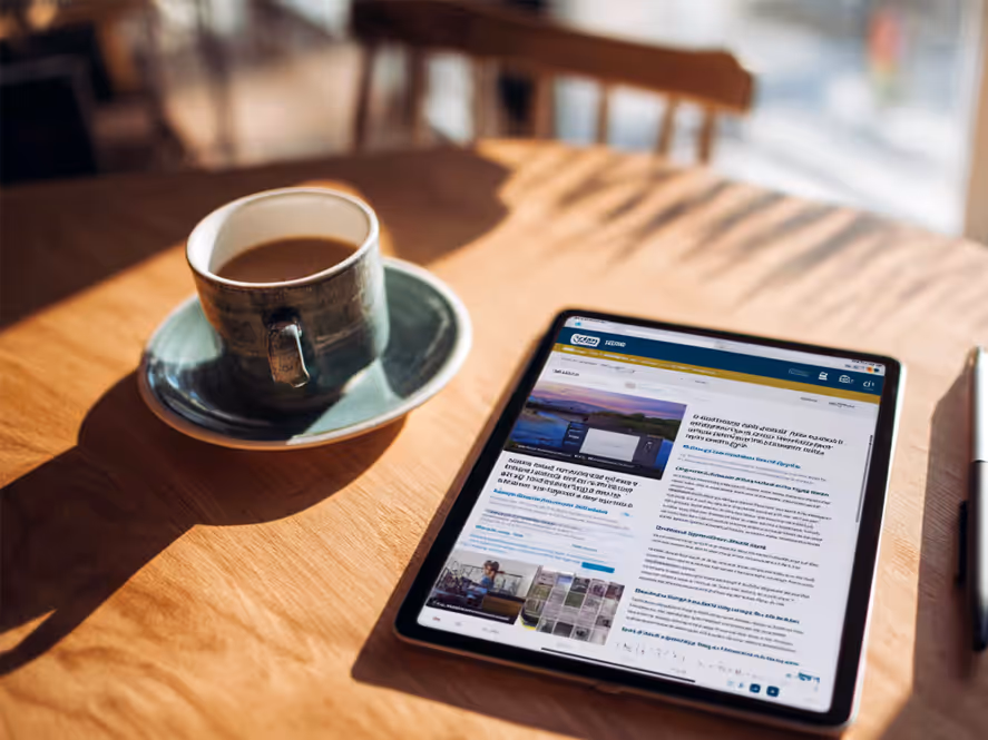 Cup of coffee beside a digital tablet displaying defence industry data on a wooden table.