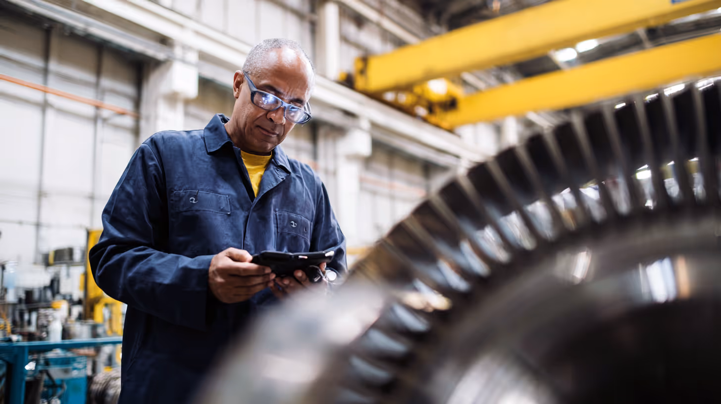 Engineer inspecting large industrial gear in a manufacturing facility.