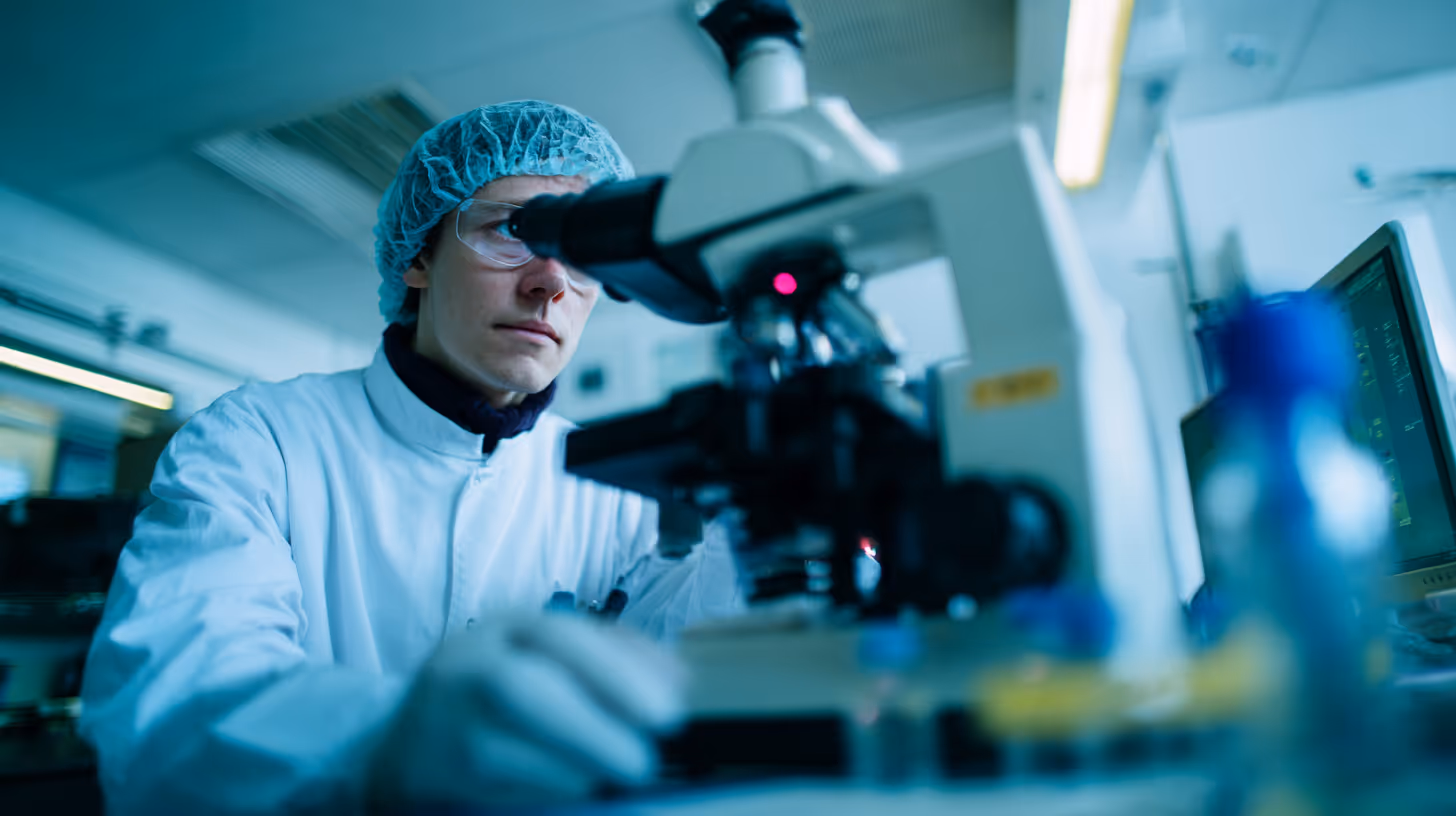 Scientist in protective gear using advanced laboratory equipment.