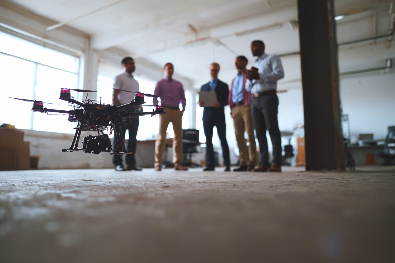 Group of professionals standing in a large hangar beside an unmanned aerial vehicle