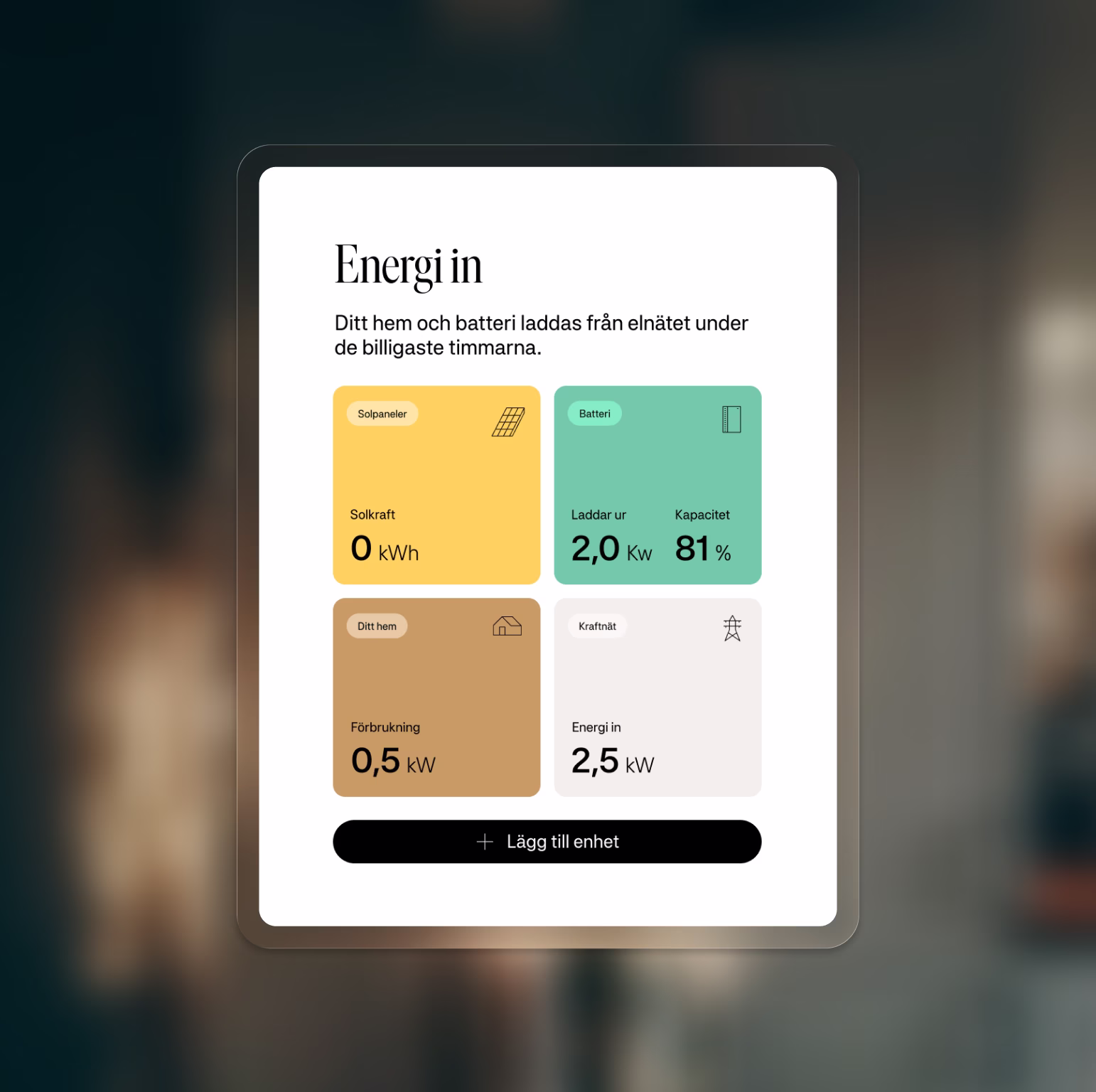 Appskärm som visar energiflöde i hemmet där hembatteriet laddas automatiskt under dygnets billigaste tider