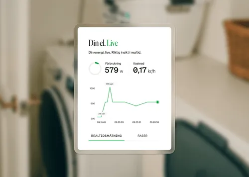 Appskärm som visar elförbrukning i realtid med förbrukning och kostnad mot en modern hemmiljö