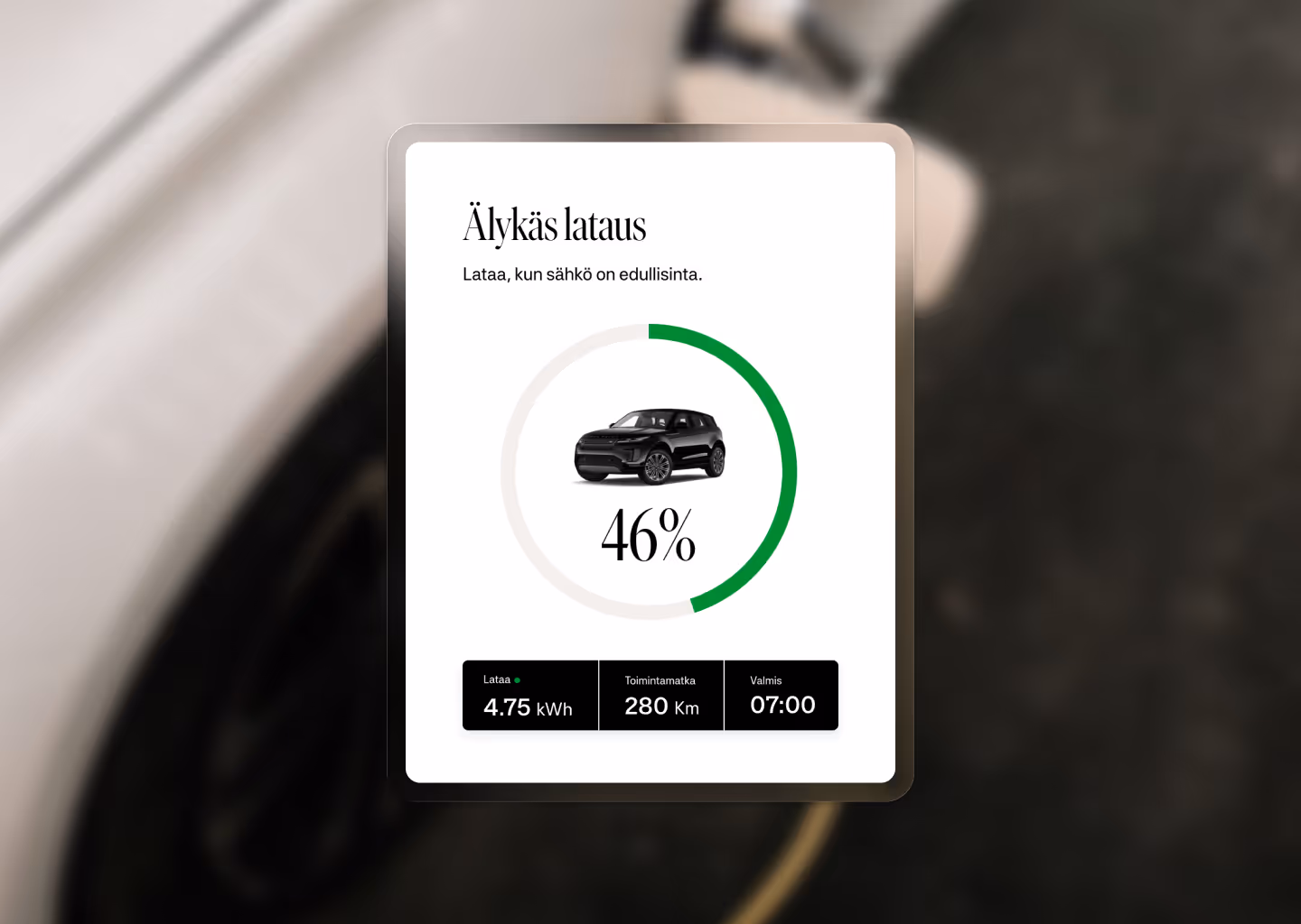 Sovelluksen näyttö, joka näyttää sähköauton älykkään latauksen 46 % lataustasolla sekä tiedot energiankulutuksesta, toimintasäteestä ja valmistumisajasta