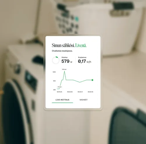 Sovelluksen näyttö, joka näyttää sähkönkulutuksen ja kustannukset reaaliajassa
