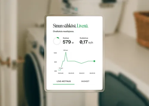 Sovelluksen näyttö, joka näyttää sähkönkulutuksen ja kustannukset reaaliajassa