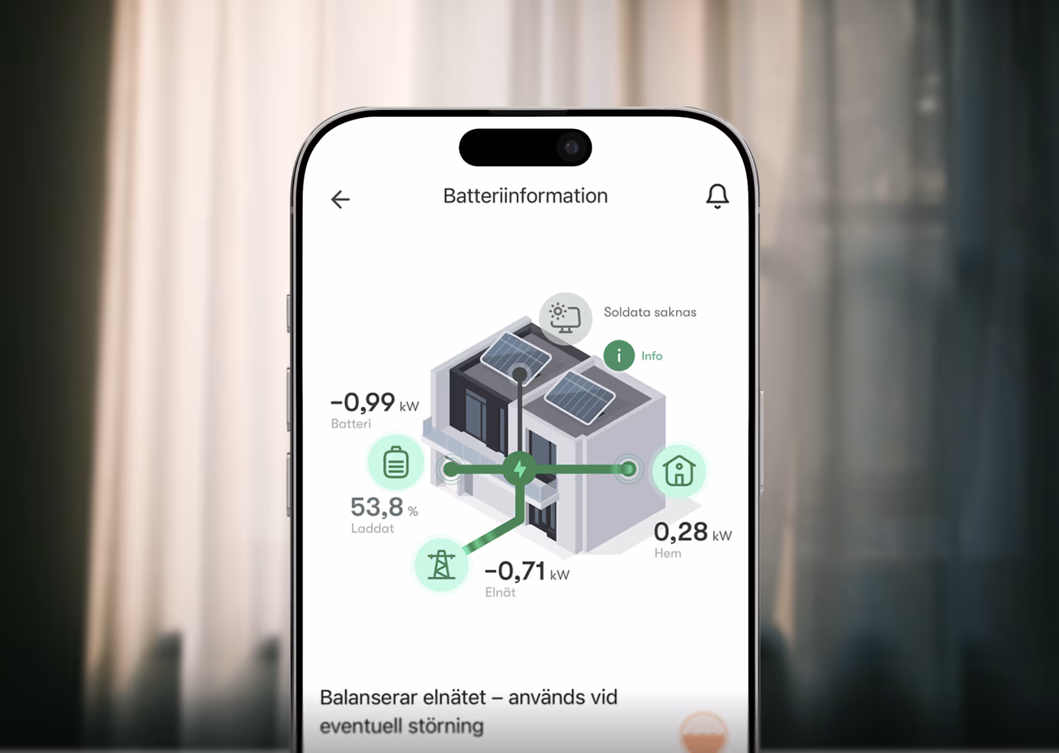 Hemmet-batteriskärmen i Greenely-appen