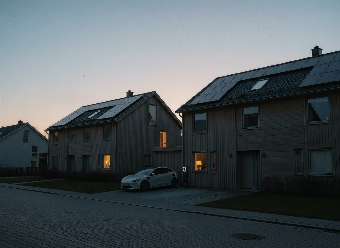 Moderna villor med solpaneler på taken och elbil som laddas hemma