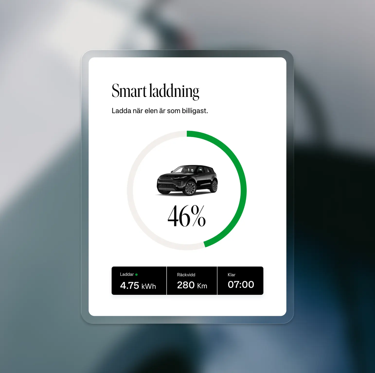 Appskärm som visar smart laddning av elbil med 46 % laddnivå och information om energiåtgång, räckvidd och färdig tid mot en modern bakgrund