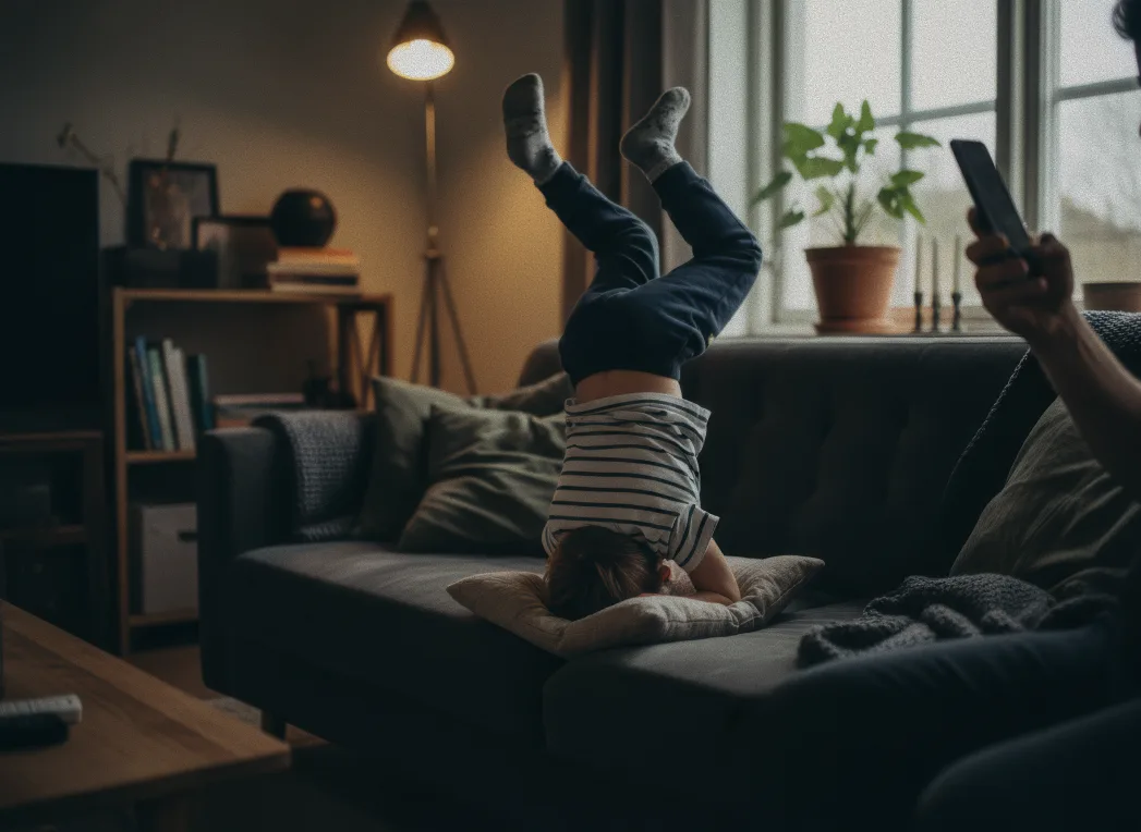 En pappa kollar sin telefon i vardagsrummet medan barnen leker
