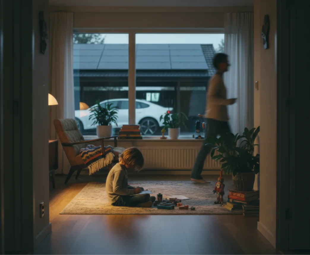 Familj hemma i villa på kvällen med solceller på taket och elbil parkerad utanför.