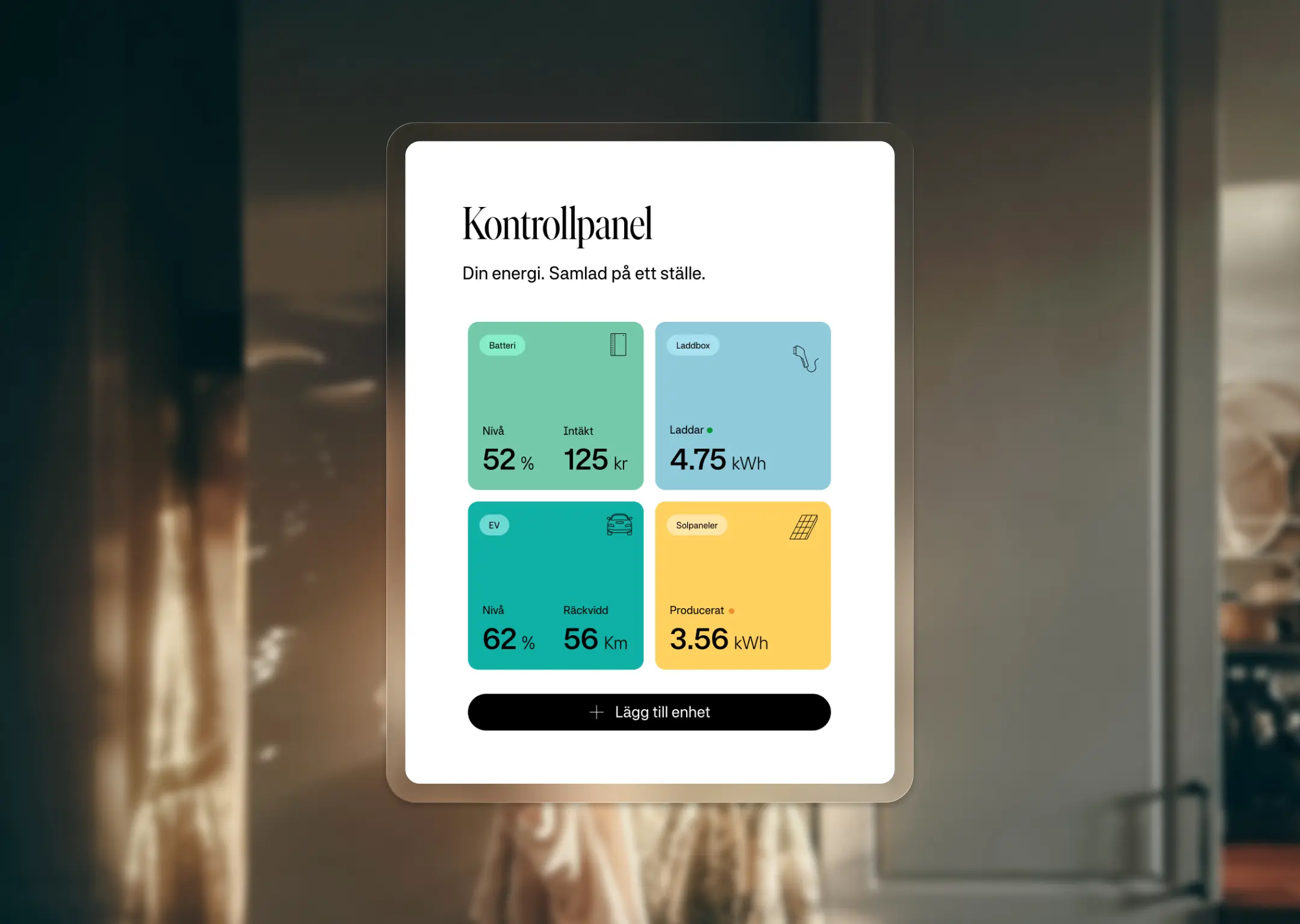 Appskärm som visar energikontrollpanel med hembatteri, laddbox, elbil, solceller och mer