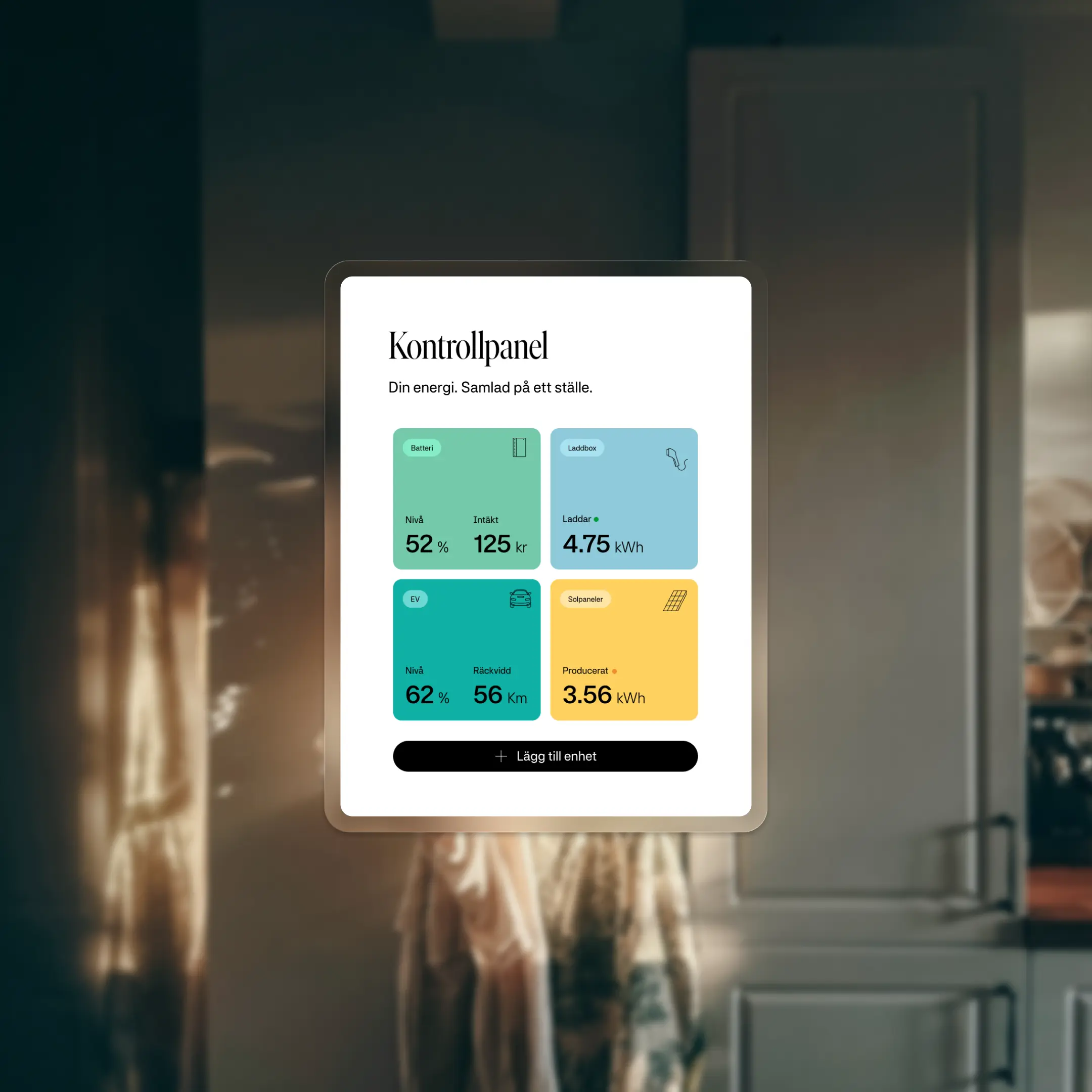 Appskärm som visar energikontrollpanel med hembatteri, laddbox, elbil, solceller och mer