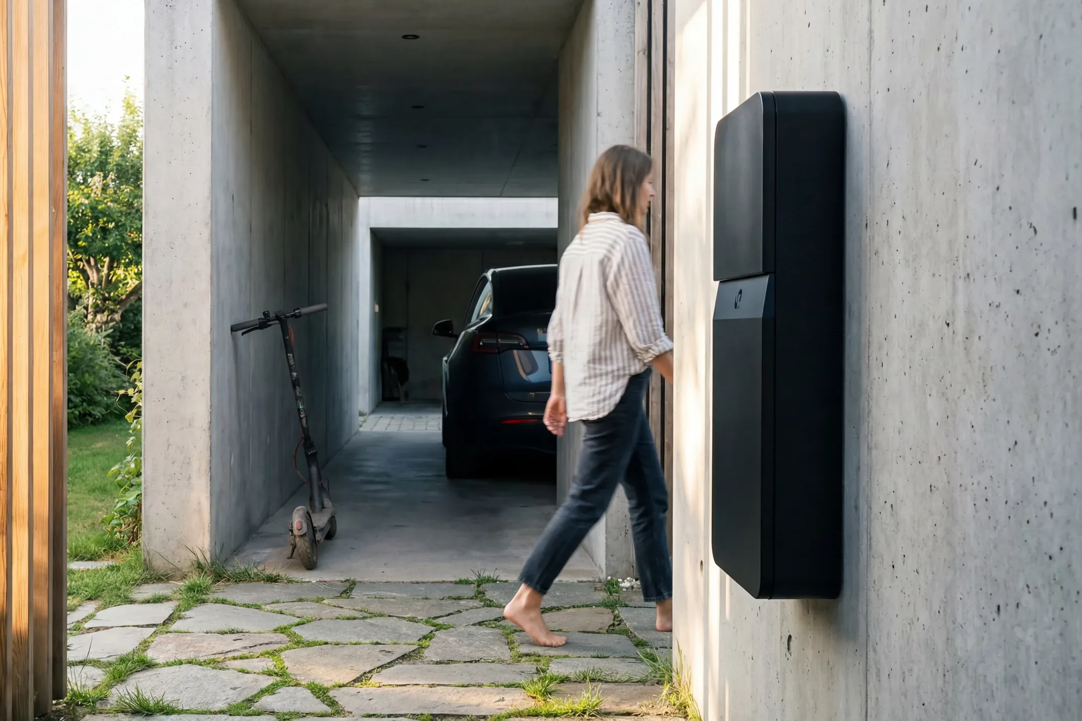 Nainen kävelee betoniseinään asennetun kotiakun ohi autokatoksen luona, jossa on sähköauto