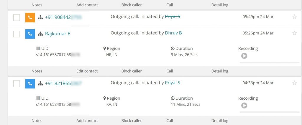 MyOperator panel with recordings of outgoing calls