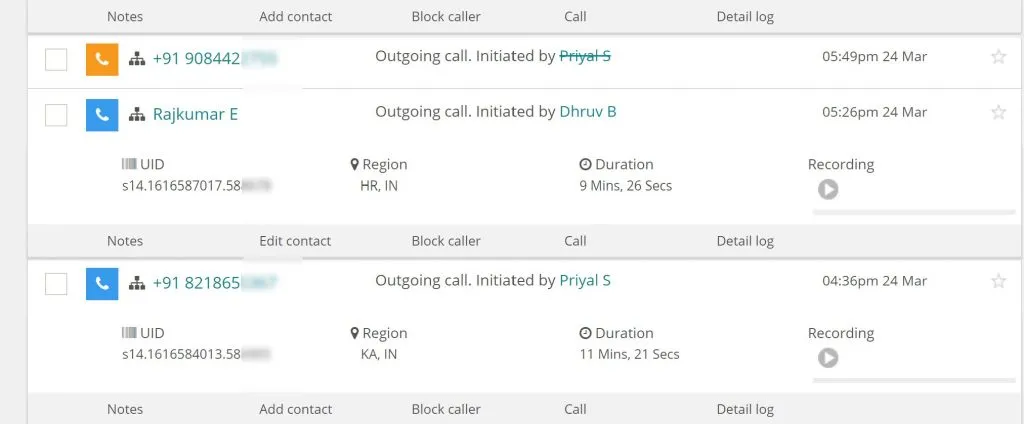MyOperator panel with recordings of outgoing calls