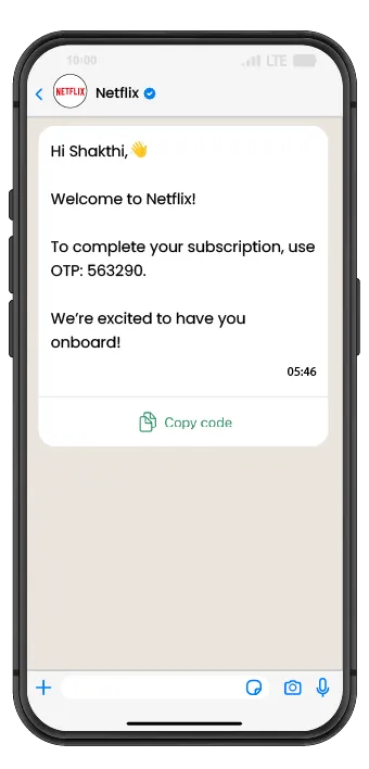 A screenshot showing WhatsApp OTP message