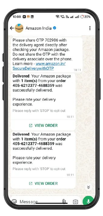 A screenshot showing WhatsApp OTP message
