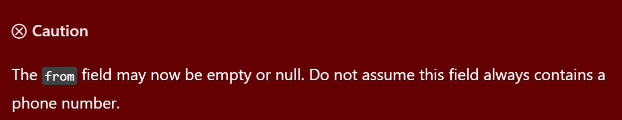 A pop-up showing the change in WhatsApp API's "from" field