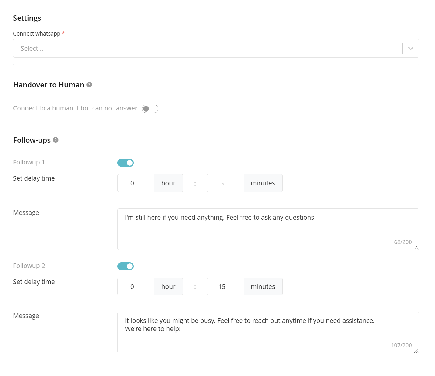 The bot settings to link WhatsApp number and configure human handover