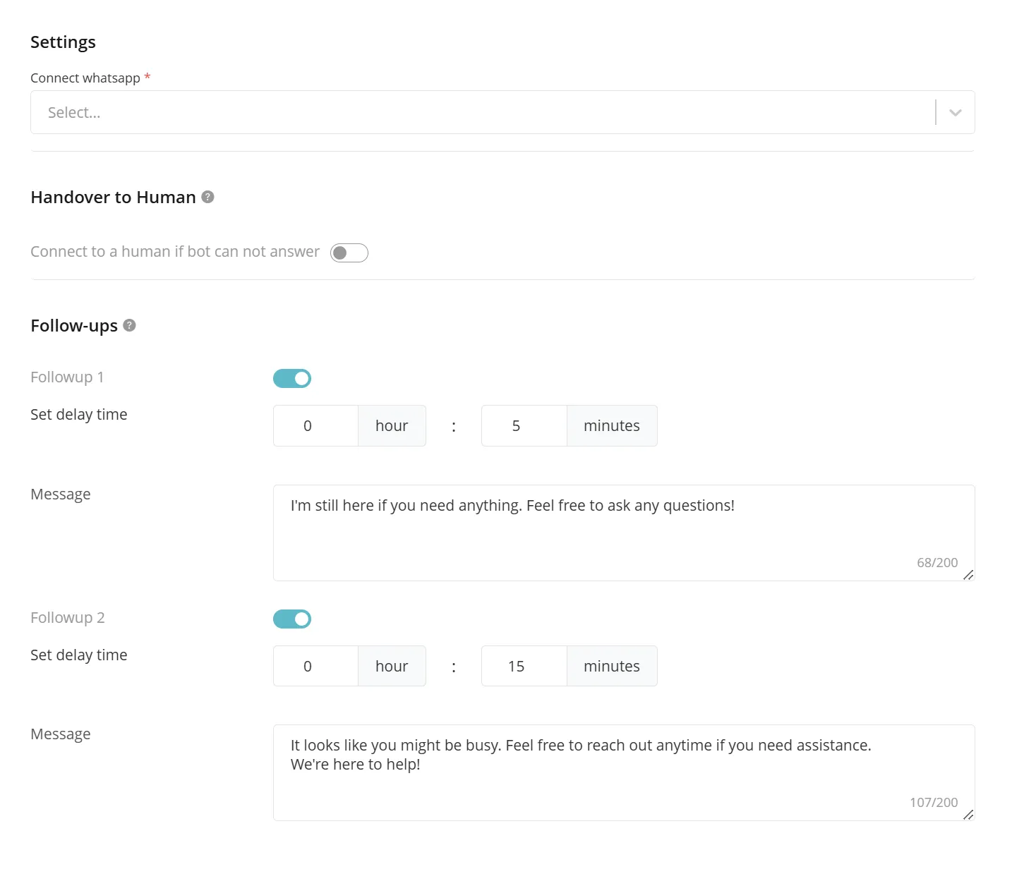 The bot settings to link WhatsApp number and configure human handover