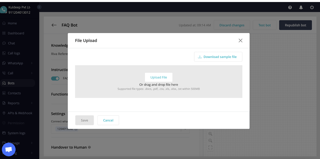 Pop-up to upload files to create chatbot knowledge base