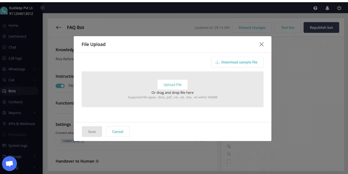 Pop-up to upload files to create chatbot knowledge base