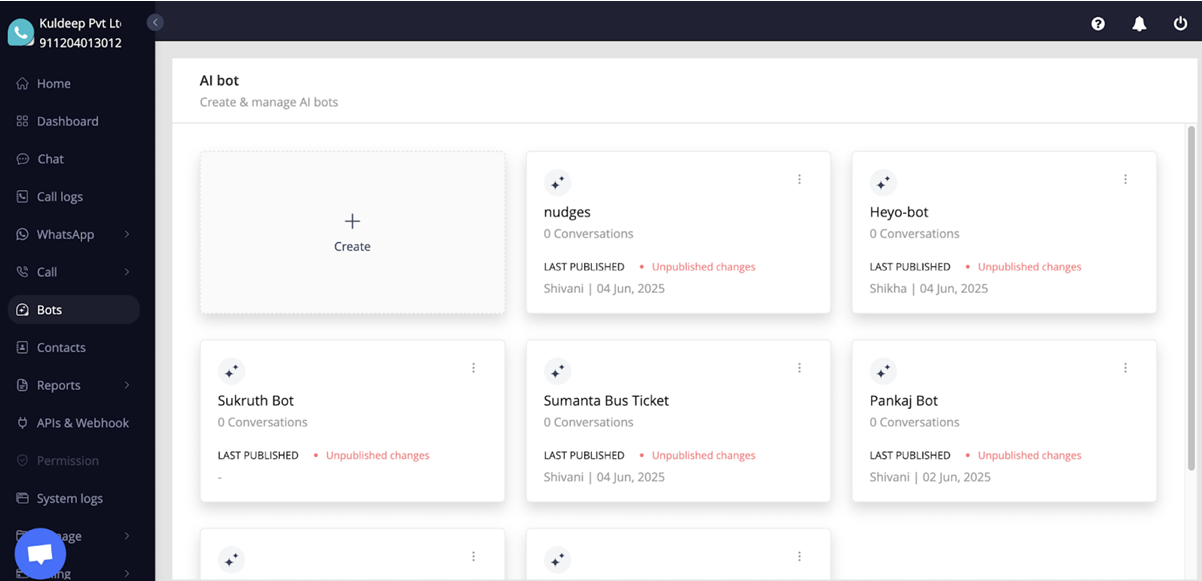 Bots menu on the MyOperator panel