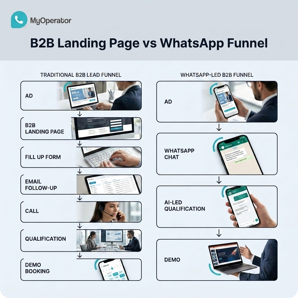 An image showing the difference between a B2B landing page funnel and a WhatsApp sales funnel