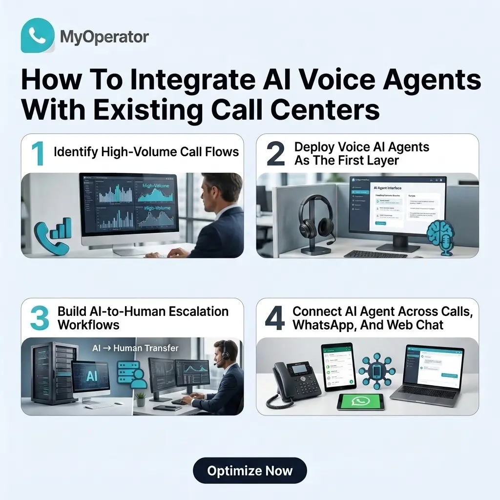 An image showing a four-step process to integrate AI voice agents to existing call center infrastructure