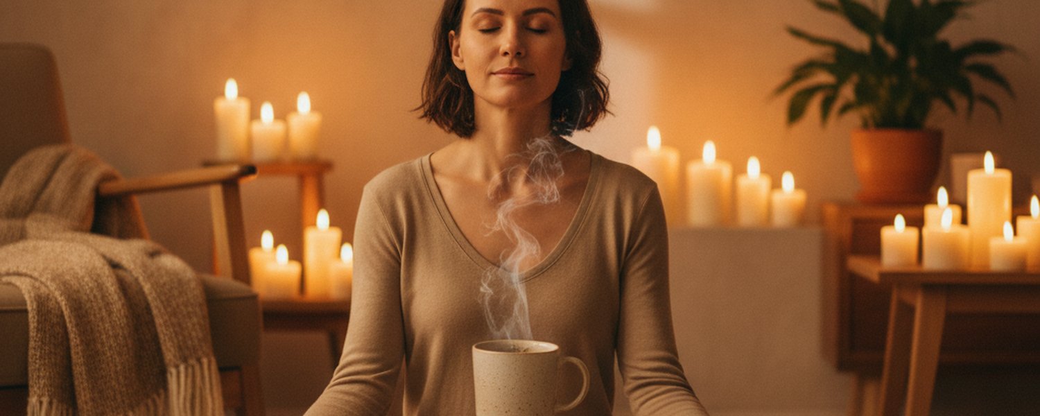 Femme en méditation avant le coucher avec tisane au reishi - Rituel sommeil naturel | Le Meilleur Complément